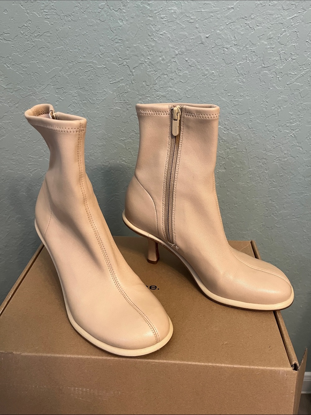 Vince Nude Stretch Leather Ankle Boots with Kitten Heel